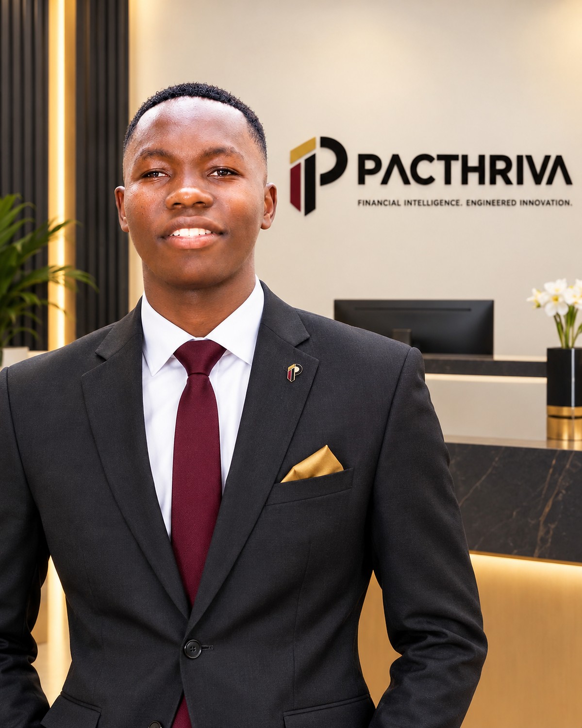 CEO JAMES in a charcoal suit in a PACTHRIVA-branded office
